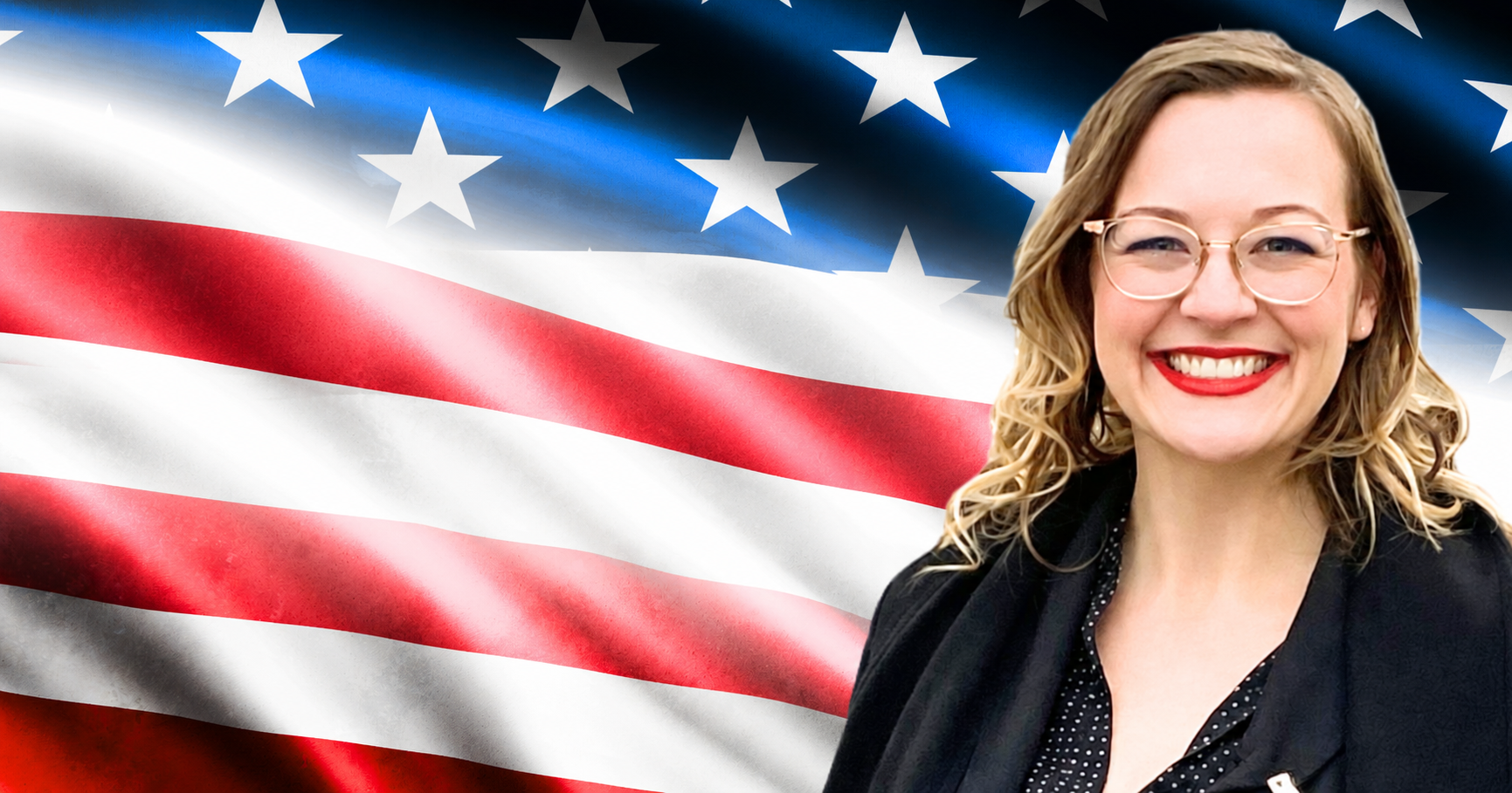 Bethany Mann smiling in front of an American flag